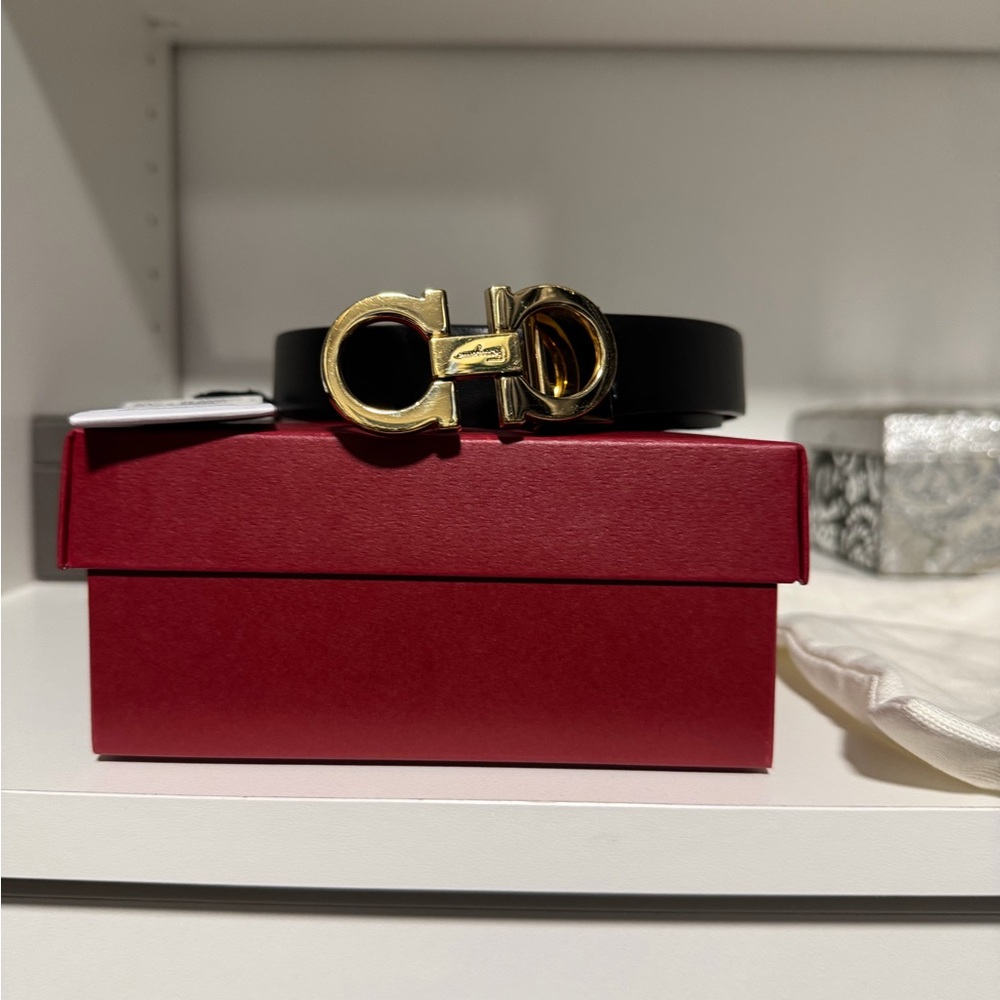 Salvatore Ferragamo Black Leather Belt with Gold Gancini Buckle